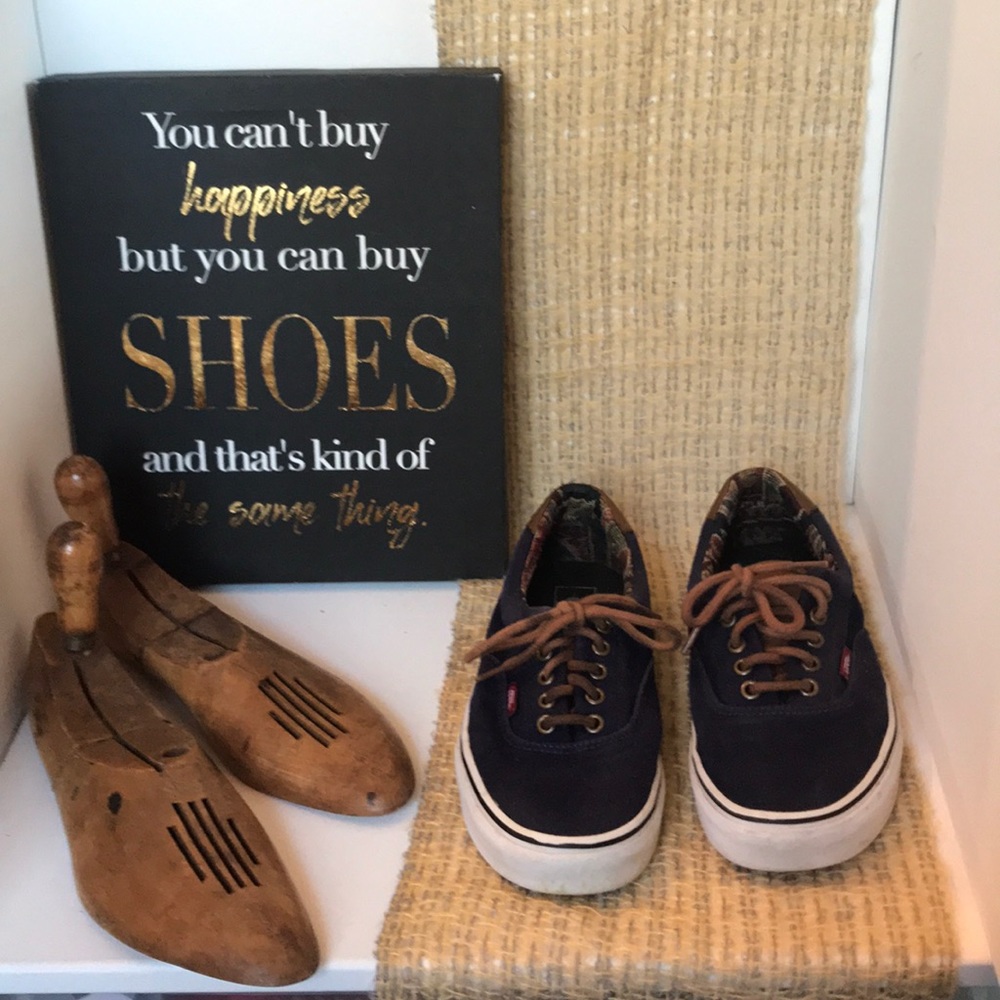 Navy blue and brown leather vans